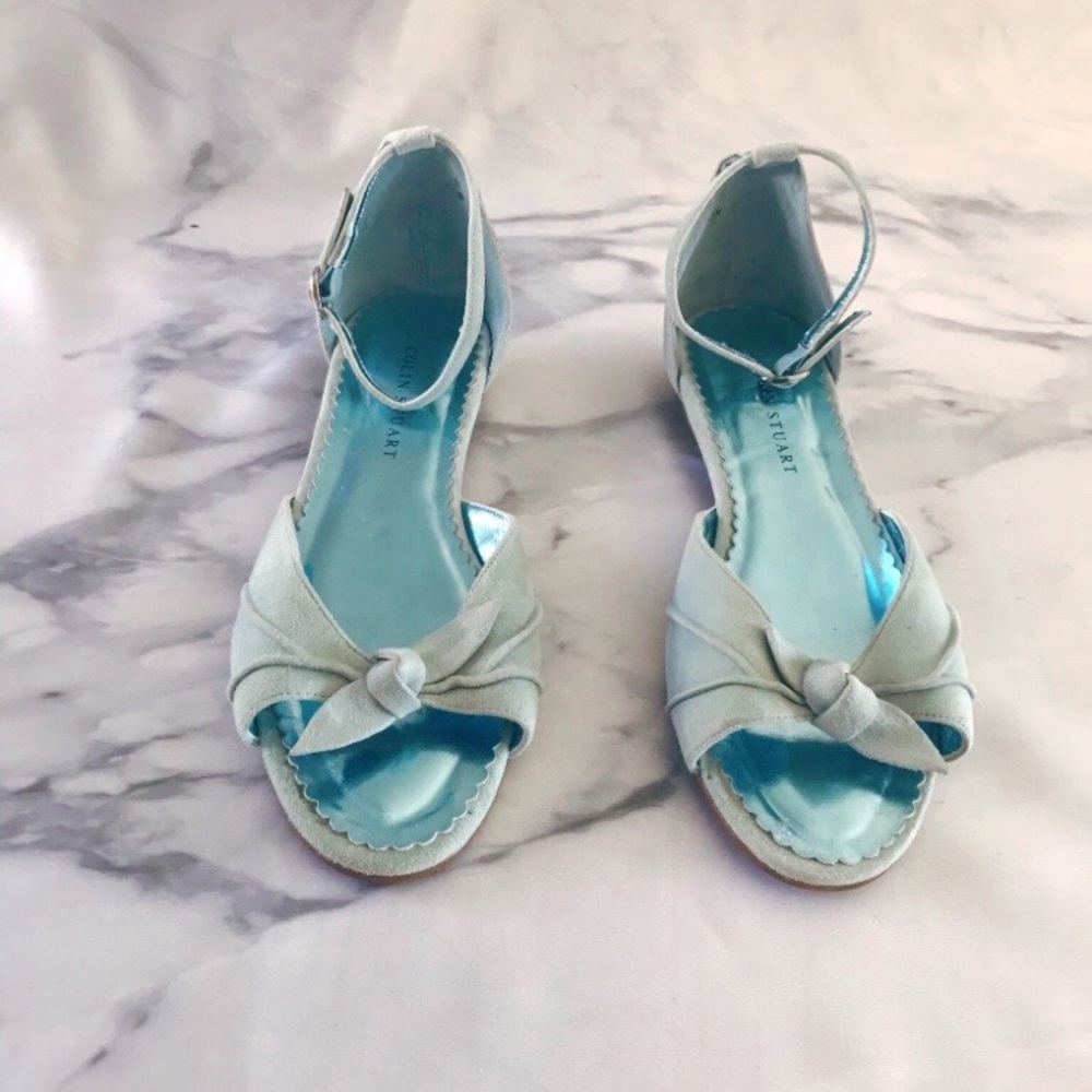 ✨HP✨ Colin Stewart Suede Bow Ankle Strap Flats 8 Aqua - Picture 5 of 10